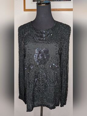 Carina International Vtg 100% Silk Black Sequined Beaded Top Blouse Sparkle Sz M